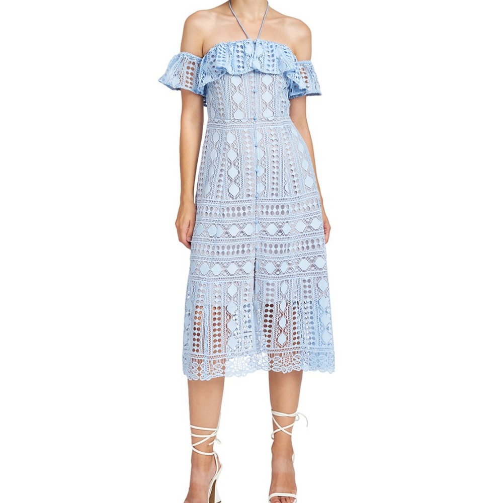 NWT En Saison Janelle Off-Shoulder Ruffled Midi Dress in Blue